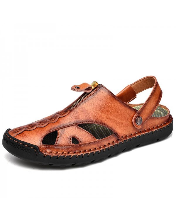 Men's Vintage First-Layer Cowhide Hollow Breathable Sandals 60168677M